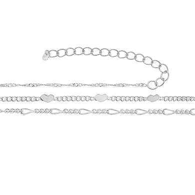 PRIMROSE Fine Silver Plated Cubic Zirconia Heart Station, Singapore & Figaro Chain Trio Set