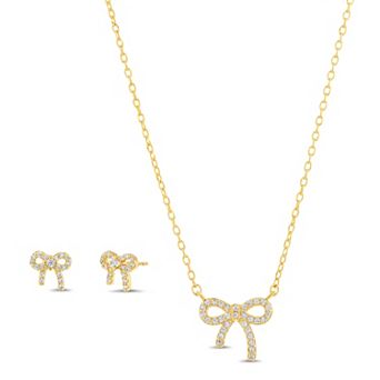 petit cheris 14k Gold Over Brass Pave Bow Necklace & Earring Set