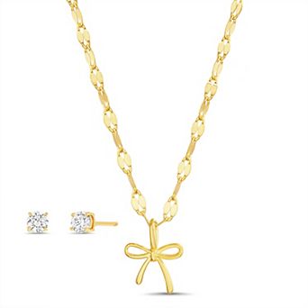 petit cheris 14k Gold Plated Cubic Zirconia Bow Necklace & Earrings Set