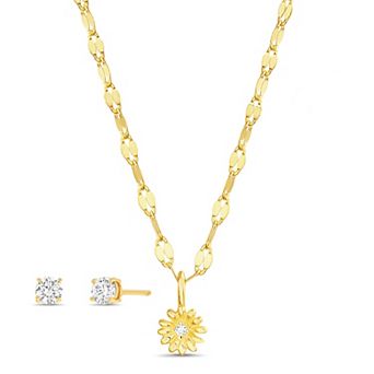 petit cheris 14k Gold Plated Cubic Zirconia Flower Necklace & Earring Set