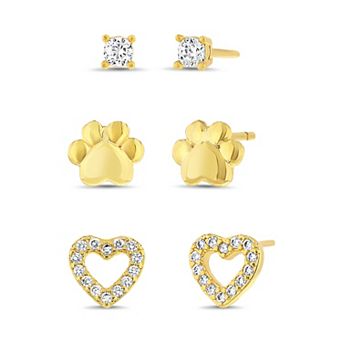 petit cheris 14k Gold 3 pc Cubic Zirconia Heart & Paw Earring Set