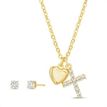 petit cheris 14k Gold Over Brass Cubic Zirconia Heart & Cross Charm Necklace & Earring Set