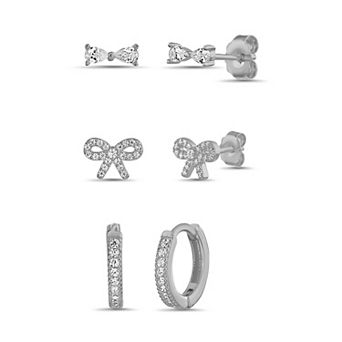 petit cheris Fine Silver-Plated Cubic Zirconia Pave Bow & Huggie Earring Set