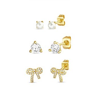 petit cheris 14k Gold Plated Cubic Zirconia & Pearl Bow Trio Earring Set