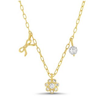 petit cheris 14k Gold Over Brass Cubic Zirconia Bow & Flower Charm Necklace