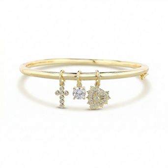 petit cheris Kids 14k Gold Plated Cubic Zirconia Cross & Heart Charm Bangle Bracelet