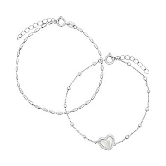 PRIMROSE Fine Silver Plated Twisted & Mother-of-Pearl Heart Beaded Bracelet Duo Set