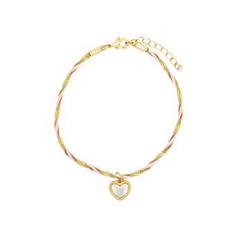 PRIMROSE 14k Gold Flash Plated Woven & Twisted Flat Chain Bracelet with Mother-of-Pearl Heart