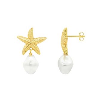 PRIMROSE 14k Gold Flash Plated Hammered Starfish & Simulated Pearl Drop Earrings