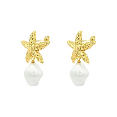 PRIMROSE 14k Gold Flash Plated Hammered Starfish & Simulated Pearl Drop Earrings