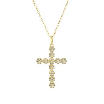 PRIMROSE 14k Gold Flash Plated Cubic Zirconia Flower Cross Pendant On Cable Chain Necklace