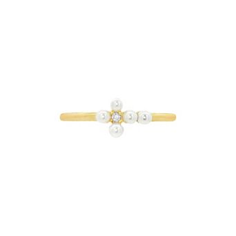 PRIMROSE 14k Gold Flash Plated Simulated Pearl And Cubic Zirconia Cross Ring