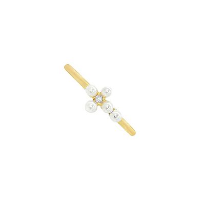 PRIMROSE 14k Gold Flash Plated Simulated Pearl And Cubic Zirconia Cross Ring