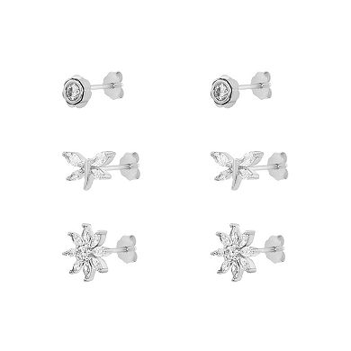 PRIMROSE Fine Silver Plated Cubic Zirconia Round, Flower And Dragonfly Stud Earrings Trio Set