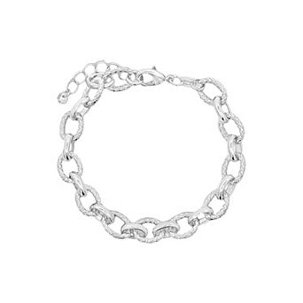 PRIMROSE Fine Silver Plated Polished Textured Oval Link Bracelet With Cubic Zirconia Accent