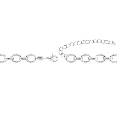 PRIMROSE Fine Silver Plated Polished Textured Oval Link Bracelet With Cubic Zirconia Accent