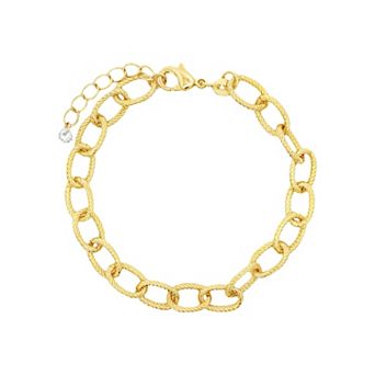 PRIMROSE 14k Gold Flash Plated Textured Oval Link Bracelet With Cubic Zirconia Accent