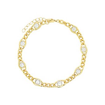 PRIMROSE 14k Gold Flash Plated Cubic Zirconia Station Curb Chain Bracelet