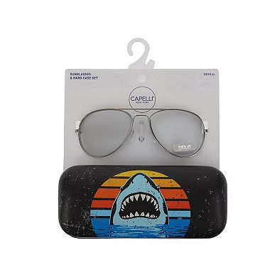 Boys Capelli Ombre Stripe Shark Case & Aviator Sunglasses Set