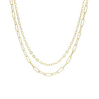 PRIMROSE 14k Gold Flash Plated Double Layer Cable & Paperclip Link Chain Necklace