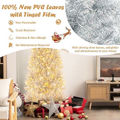 6/7FT Pre-Lit Silver Tinsel Artificial Christmas Tree with 790 Tips and 300 LEDs - 7FT