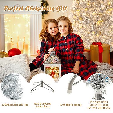 6/7FT Pre-Lit Silver Tinsel Artificial Christmas Tree with 790 Tips and 300 LEDs - 7FT