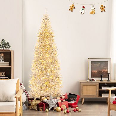 6/7FT Pre-Lit Silver Tinsel Artificial Christmas Tree with 790 Tips and 300 LEDs - 7FT