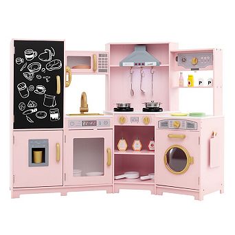 Corner Wooden Play Kitchen With Ice Maker, Lights and Chalkboard
