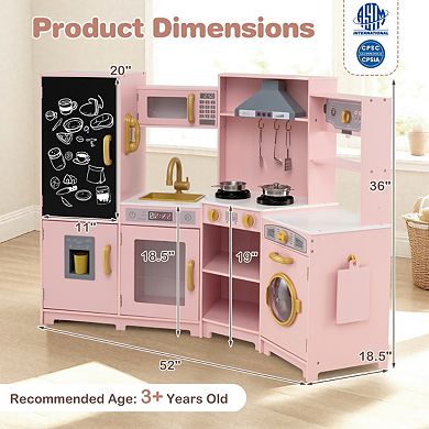 Corner Wooden Play Kitchen With Ice Maker, Lights and Chalkboard