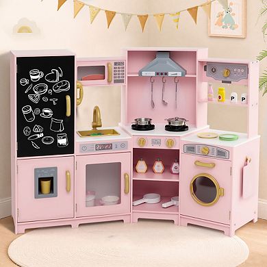 Corner Wooden Play Kitchen With Ice Maker, Lights and Chalkboard