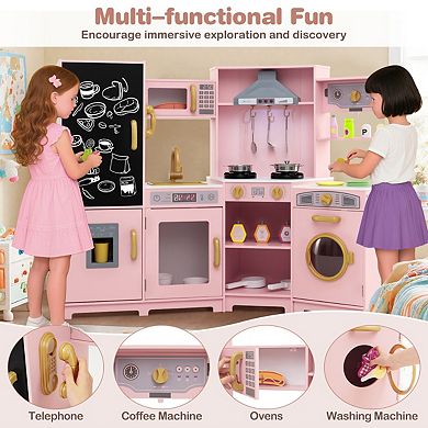 Corner Wooden Play Kitchen With Ice Maker, Lights and Chalkboard