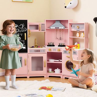 Corner Wooden Play Kitchen With Ice Maker, Lights and Chalkboard