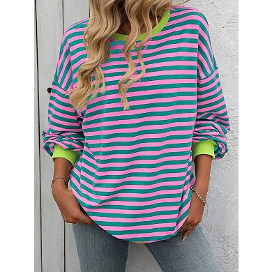 Womens Oversize Stripe Sweatshirt Crewneck Color Block Long Sleeve Pullover Top Casual Y2K Shirt