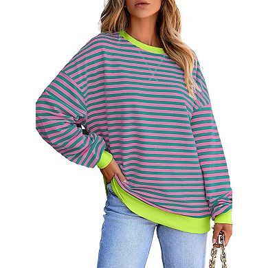 Womens Oversize Stripe Sweatshirt Crewneck Color Block Long Sleeve Pullover Top Casual Y2K Shirt