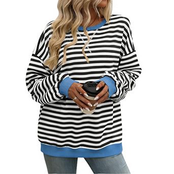 Womens Oversize Stripe Sweatshirt Crewneck Color Block Long Sleeve Pullover Top Casual Y2K Shirt