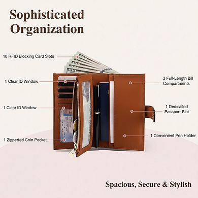 AKSZRI Women's RFID Leather Trifold Travel Clutch Wallet