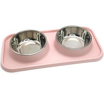 Double Dog Food Bowls Stainless Steel Dog Food and Water Bowls with Non-Spill Plastic Mat
