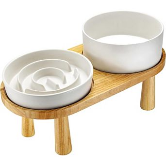 Ceramic Slow Feeder and Water Bowl Set, 6.0inch Ceramic Dog Bowls Elevated with Stand