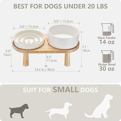 Ceramic Slow Feeder and Water Bowl Set, 6.0inch Ceramic Dog Bowls Elevated with Stand