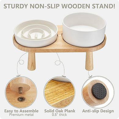 Ceramic Slow Feeder and Water Bowl Set, 6.0inch Ceramic Dog Bowls Elevated with Stand