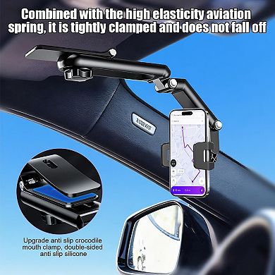 Car Sun Visor Phone Holder, Multifunctional 1080° Rotatable Retractable Vehicle Rearview