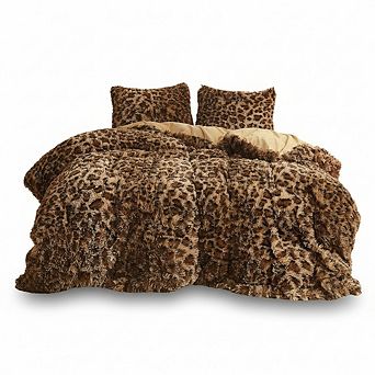 Leopard Print Faux Fur Duvet Cover Set, Plush Bedding with Zipper Closure & Pillow Case