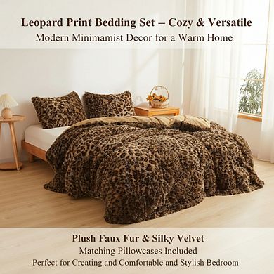 Leopard Print Faux Fur Duvet Cover Set, Plush Bedding with Zipper Closure & Pillow Case