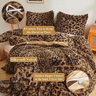 Leopard Print Faux Fur Duvet Cover Set, Plush Bedding with Zipper Closure & Pillow Case