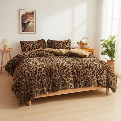 Leopard Print Faux Fur Duvet Cover Set, Plush Bedding with Zipper Closure & Pillow Case