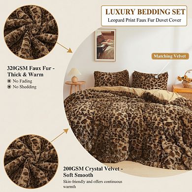 Leopard Print Faux Fur Duvet Cover Set, Plush Bedding with Zipper Closure & Pillow Case