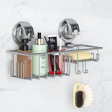 Suction Cup Shower Shelf, Shower Caddy Soap Dish with Hooks for Sponge, Stainless Steel