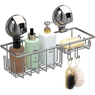 Suction Cup Shower Shelf, Shower Caddy Soap Dish with Hooks for Sponge, Stainless Steel