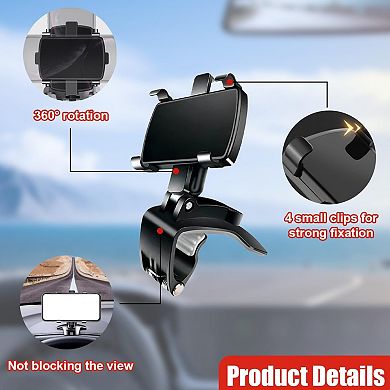 Car Phone Mount, 360° Rotatable ABS Auto Rearview Mirror Cellphone Bracket Clip