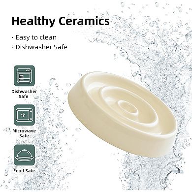Ceramic Slow Feeder for Cats, Slow Food Bowl, Circle Shape (Bowl x 2 - Cream, 6inch)